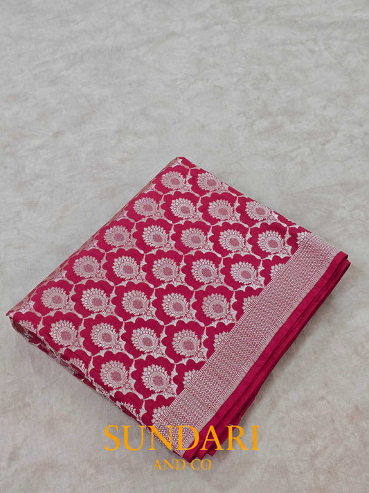 Rose Red | Floral Scalloped Framed Butta | Pure Katan Silk Saree