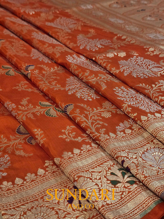 Vermilion Orange | Meenakari Jaal | Pure Katan Silk Saree
