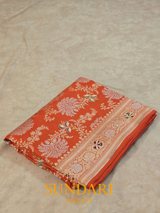 Vermilion Orange | Meenakari Jaal | Pure Katan Silk Saree