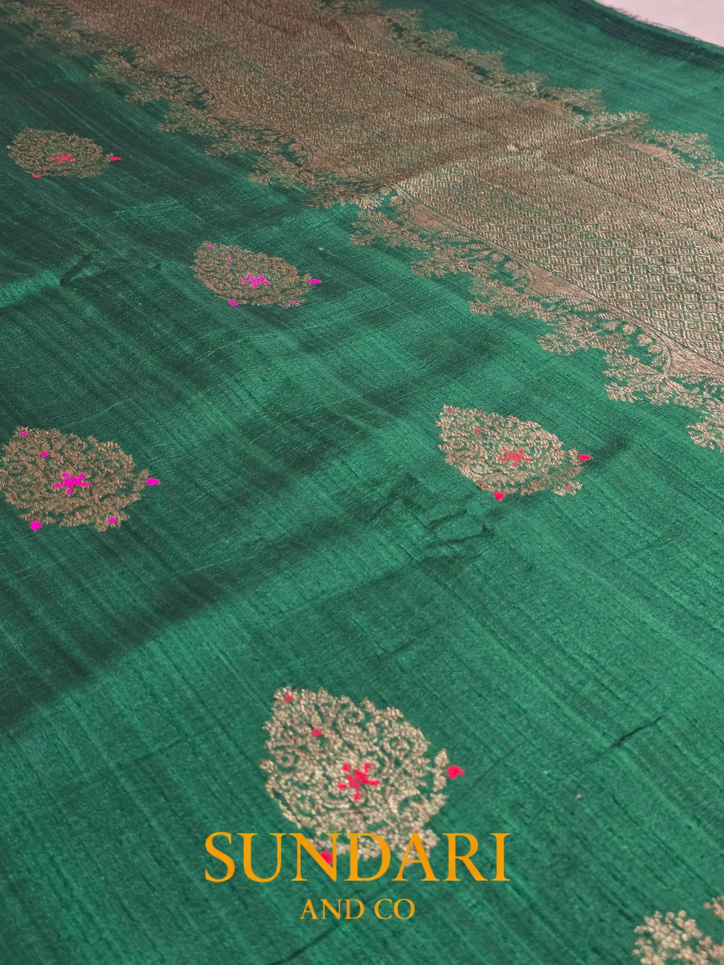 Pine Green | Antique Zari Meenakari Buttas in Kadua Weave | Pure Raw Silk Saree