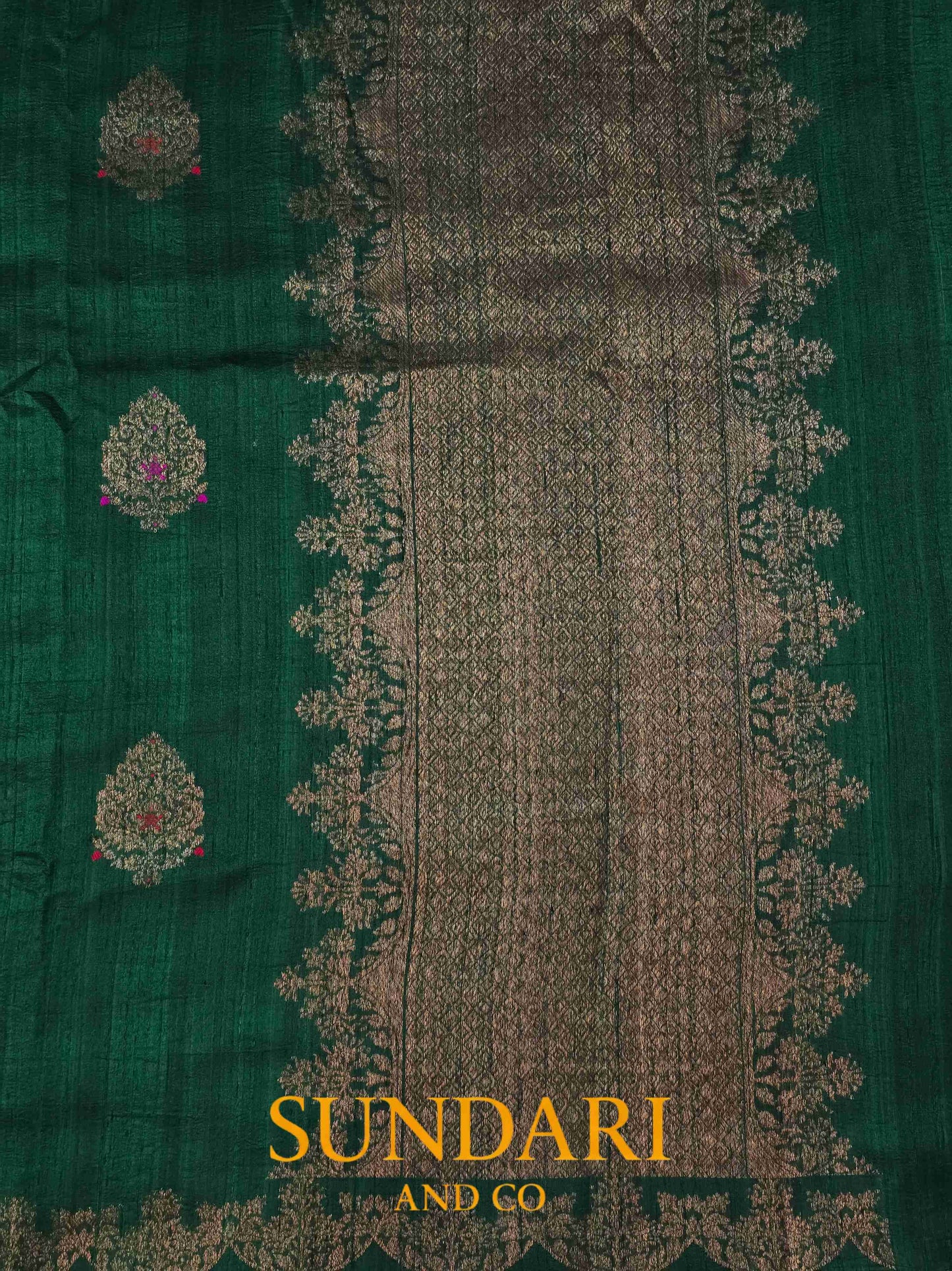 Pine Green | Antique Zari Meenakari Buttas in Kadua Weave | Pure Raw Silk Saree