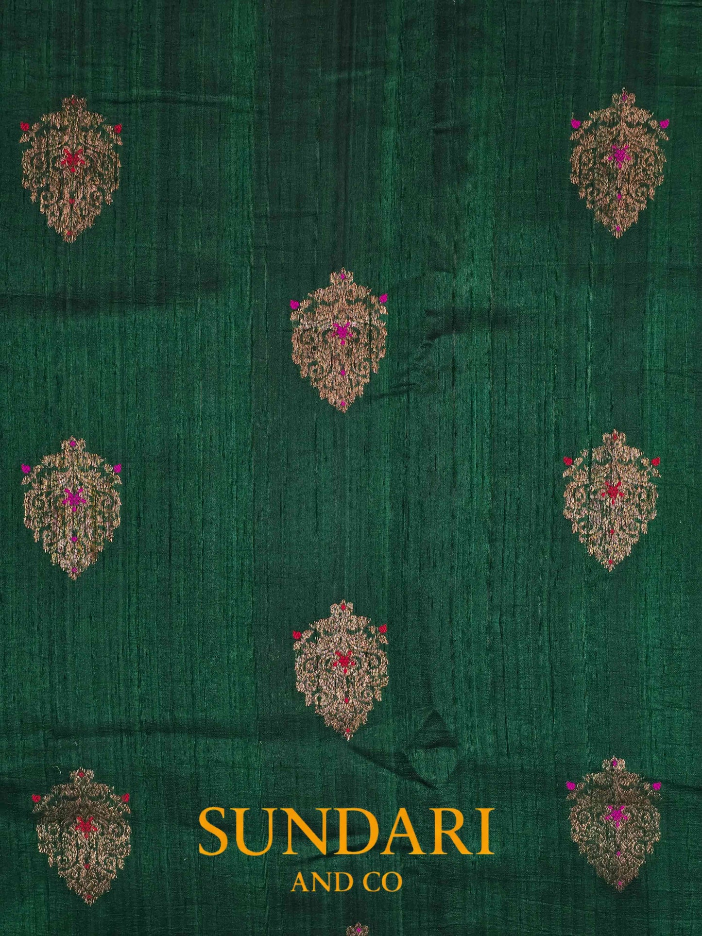 Pine Green | Antique Zari Meenakari Buttas in Kadua Weave | Pure Raw Silk Saree