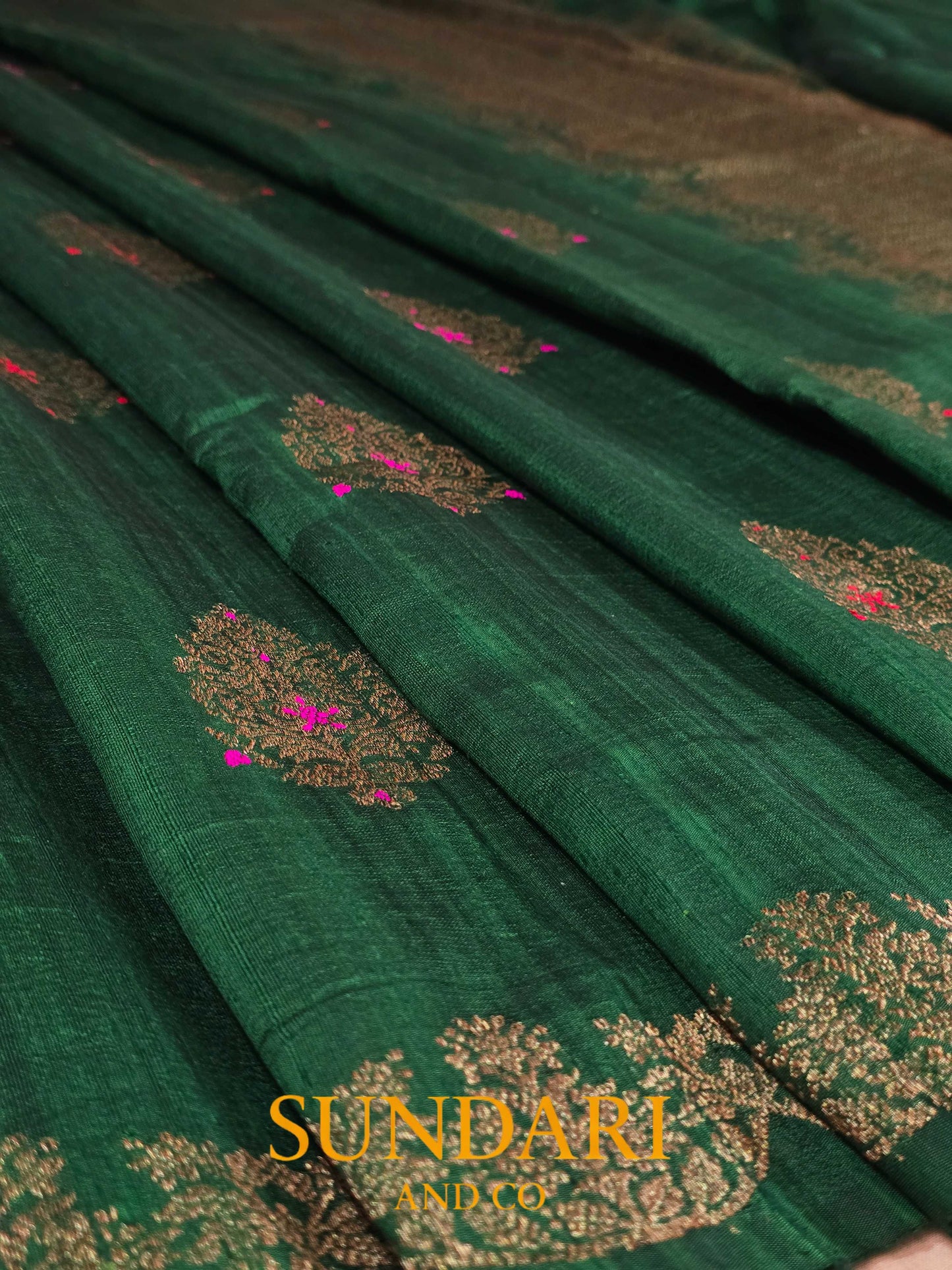 Pine Green | Antique Zari Meenakari Buttas in Kadua Weave | Pure Raw Silk Saree