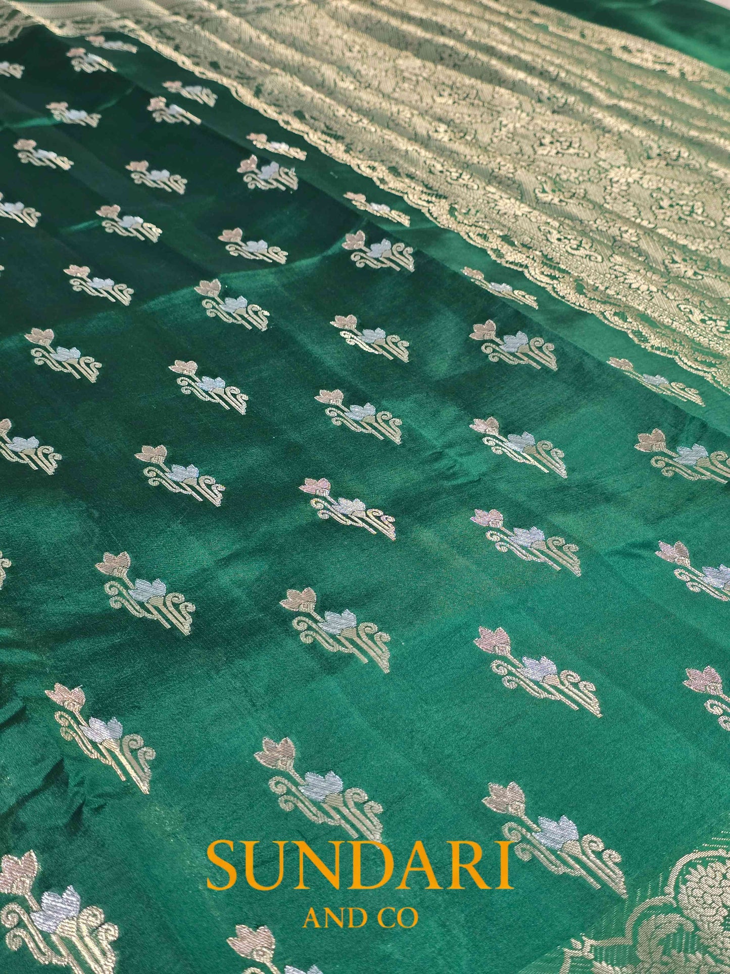 Green | Floral Butta | Pure Dupion Silk Saree