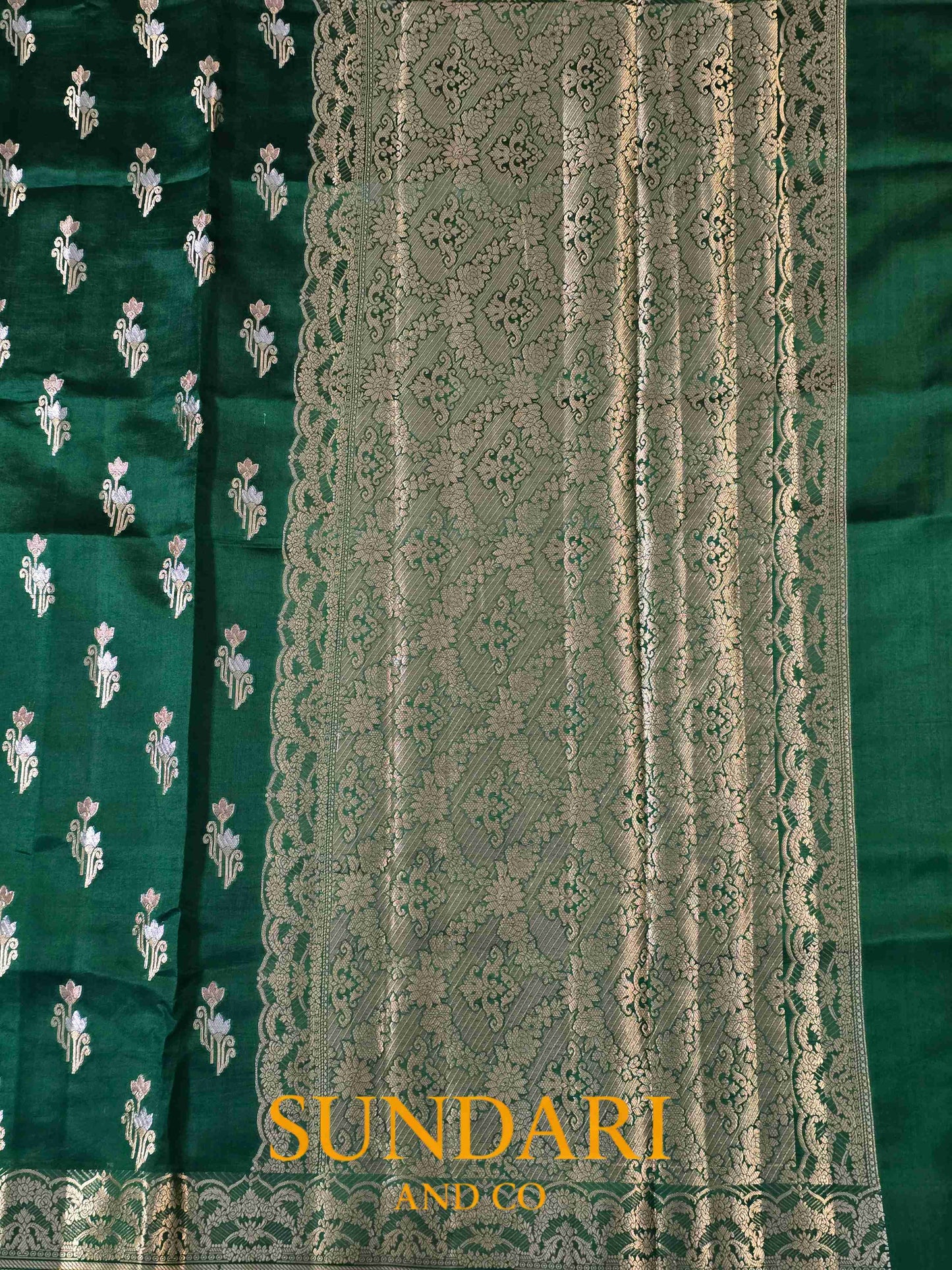 Green | Floral Butta | Pure Dupion Silk Saree