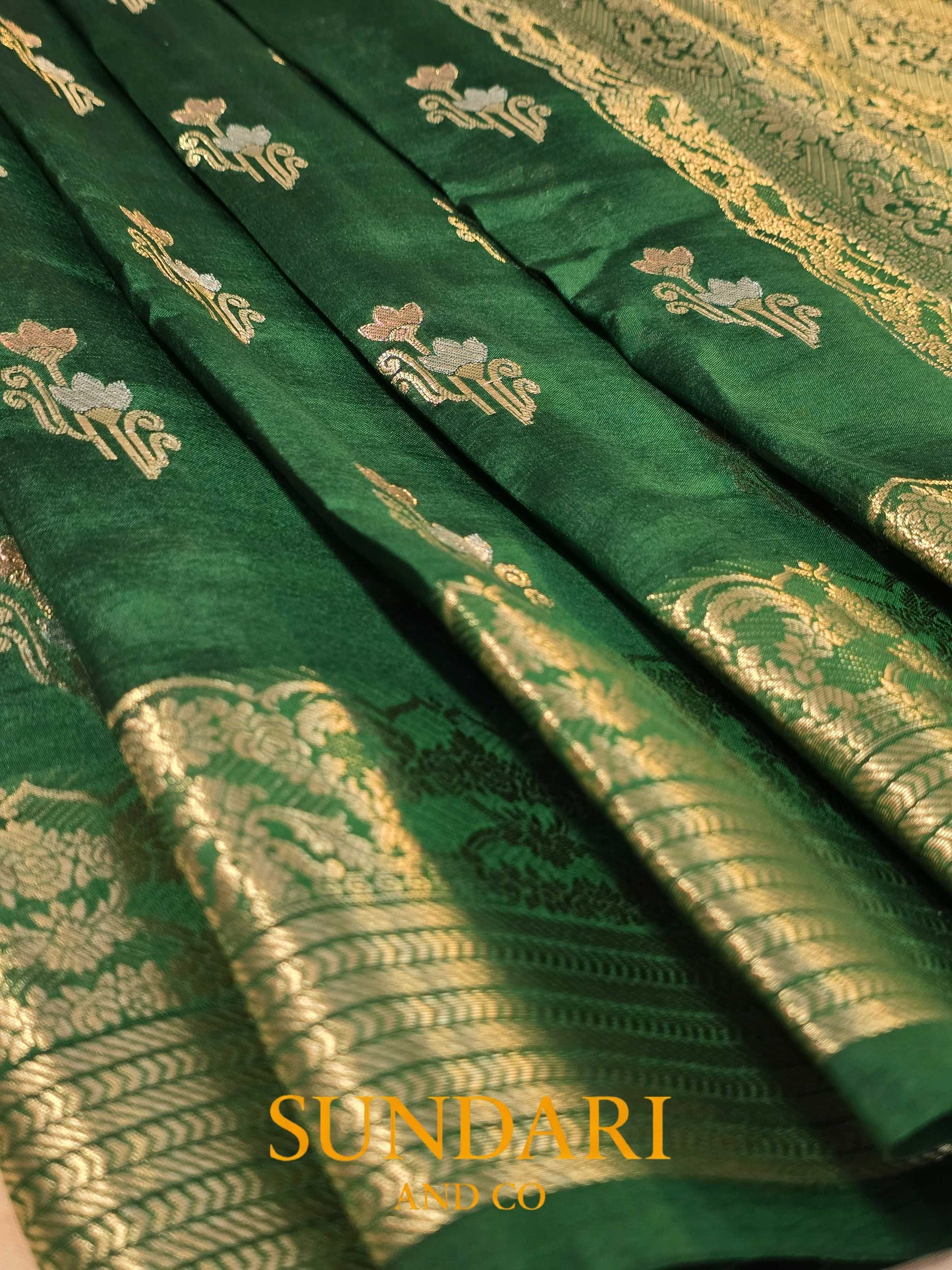Green | Floral Butta | Pure Dupion Silk Saree