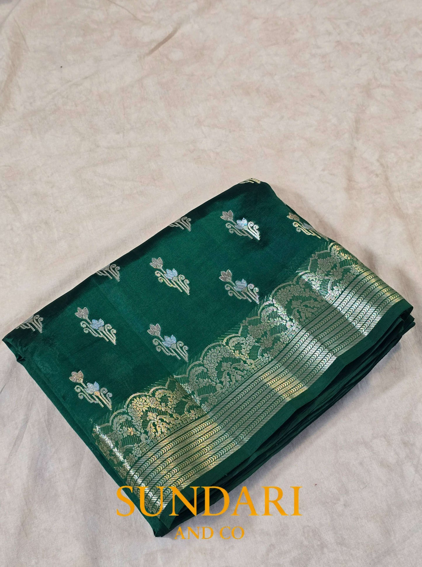 Green | Floral Butta | Pure Dupion Silk Saree