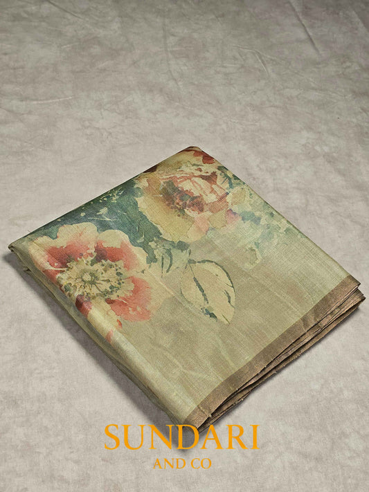 Sage Green | Digital Printed | Pure Tussar Silk Saree