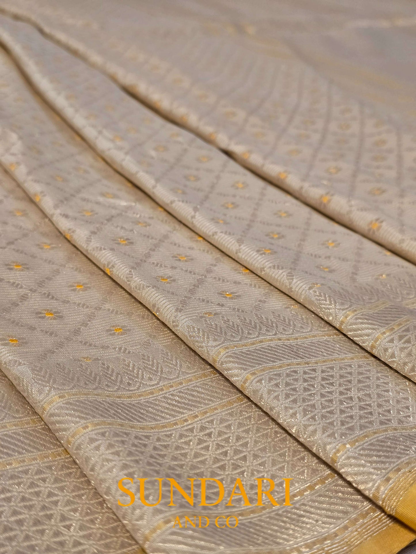 Ivory Gold | Brocade Geometrical Floral Motifs | Pure Katan Silk Saree