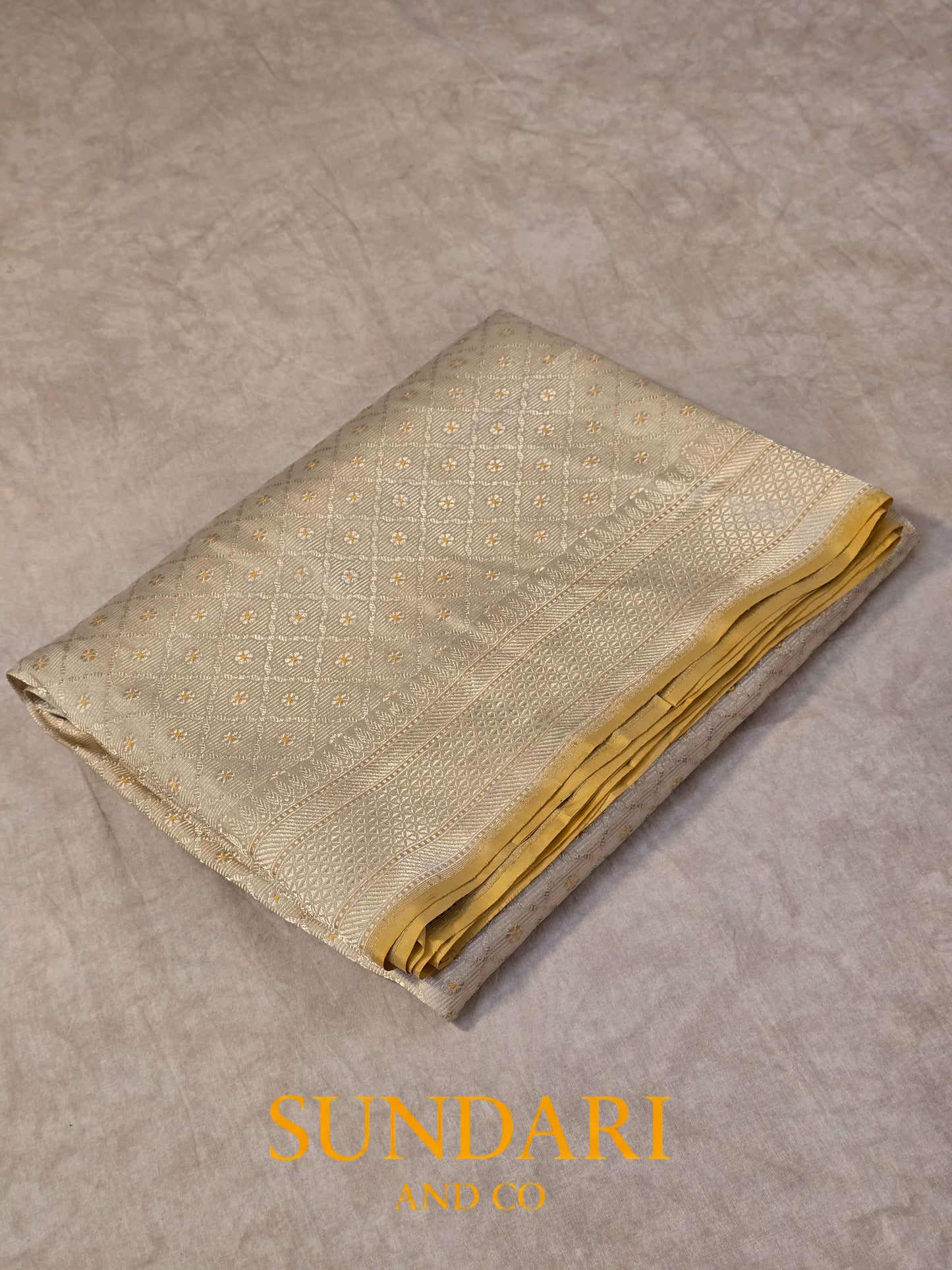 Ivory Gold | Brocade Geometrical Floral Motifs | Pure Katan Silk Saree