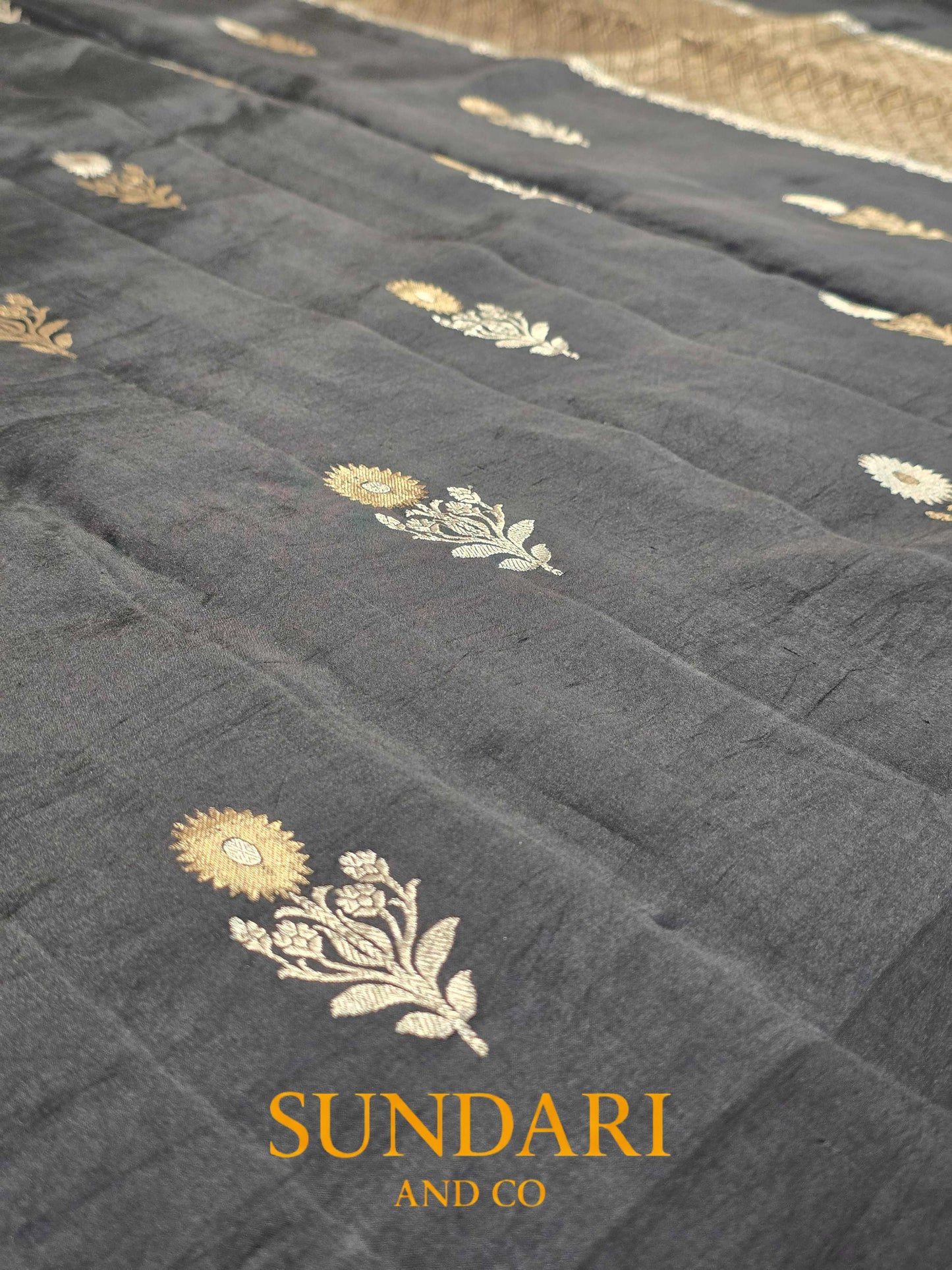 Charcoal Black | Sona-Roopa Floral Buttas in Kadua Weave | Pure Soft Silk Saree
