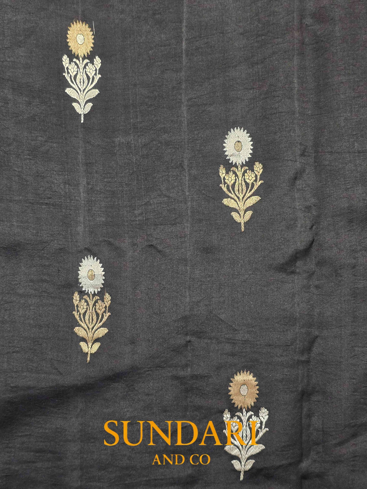 Charcoal Black | Sona-Roopa Floral Buttas in Kadua Weave | Pure Soft Silk Saree