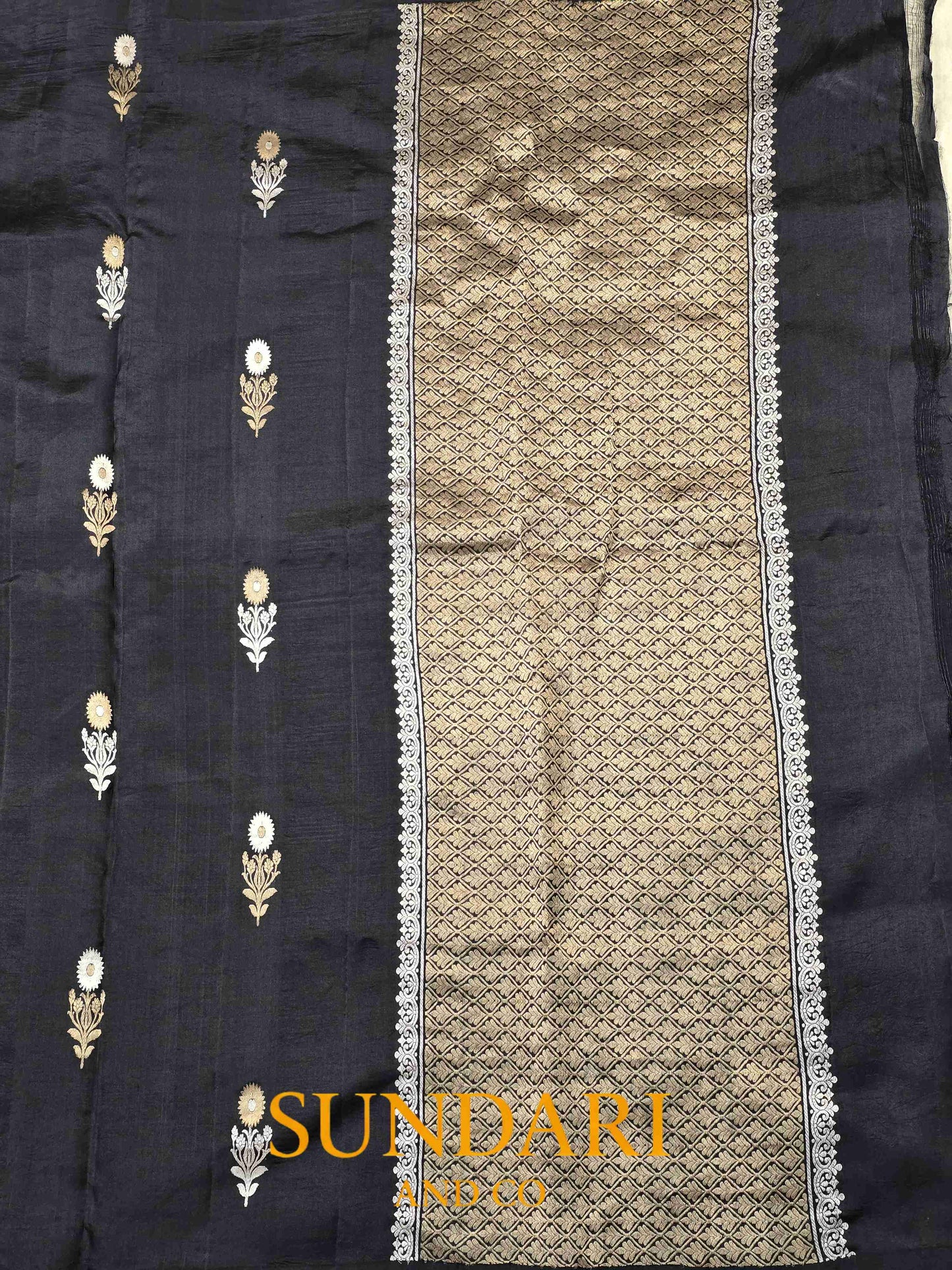 Charcoal Black | Sona-Roopa Floral Buttas in Kadua Weave | Pure Soft Silk Saree