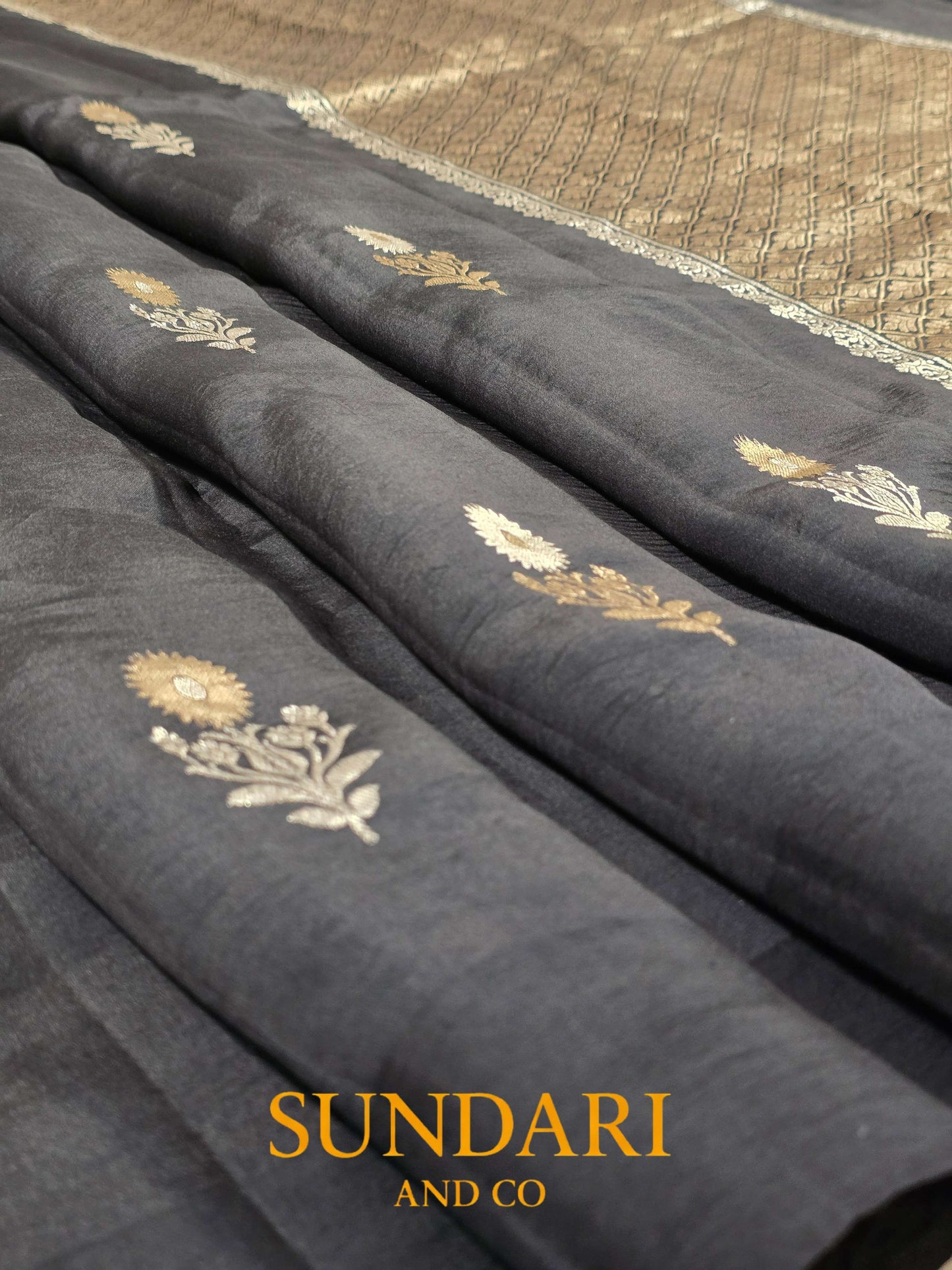 Charcoal Black | Sona-Roopa Floral Buttas in Kadua Weave | Pure Soft Silk Saree