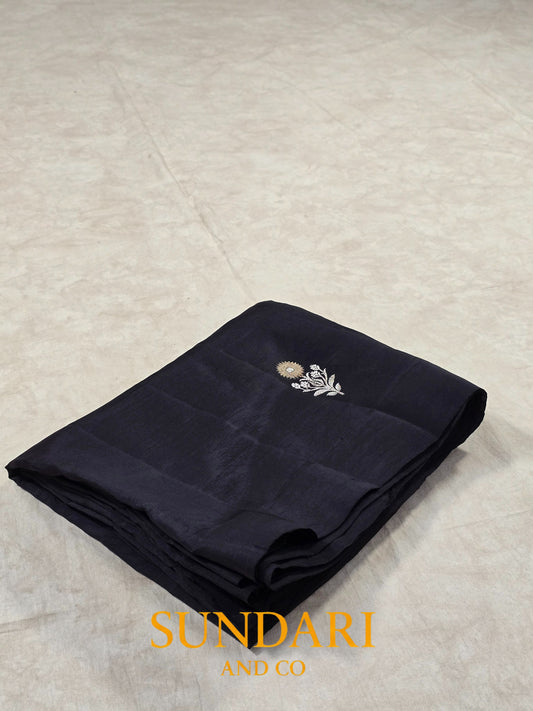 Charcoal Black | Sona-Roopa Floral Buttas in Kadua Weave | Pure Soft Silk Saree