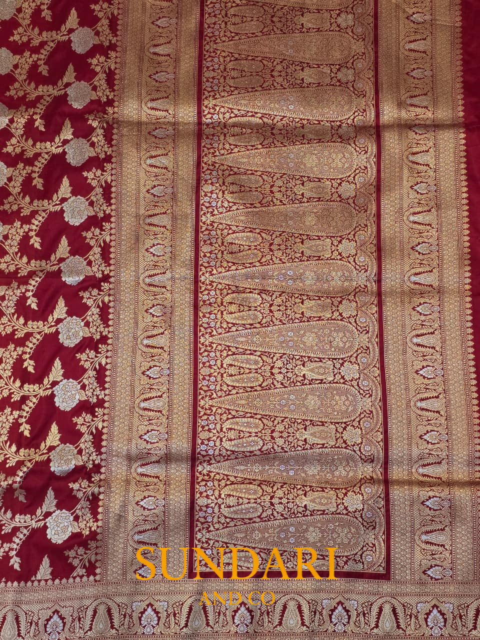 Classic Crimson | Sona-Roopa Floral Jaal | Pure Katan Silk Saree