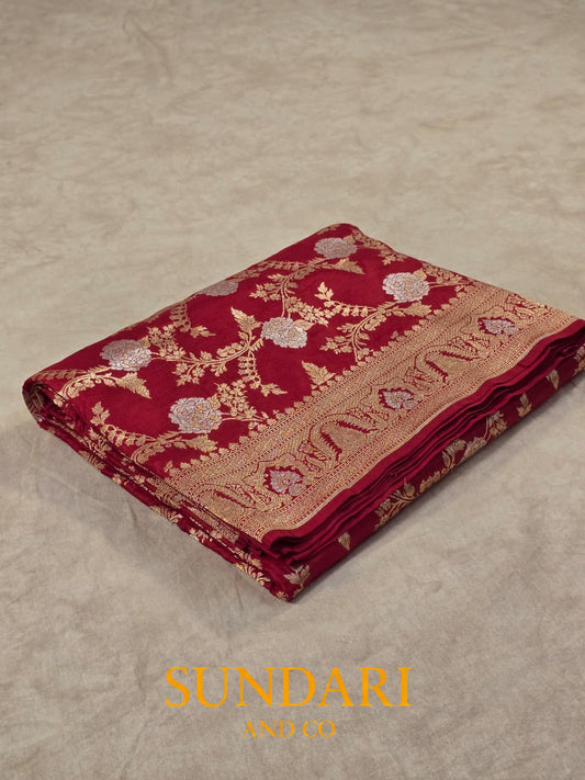 Classic Crimson | Sona-Roopa Floral Jaal | Pure Katan Silk Saree