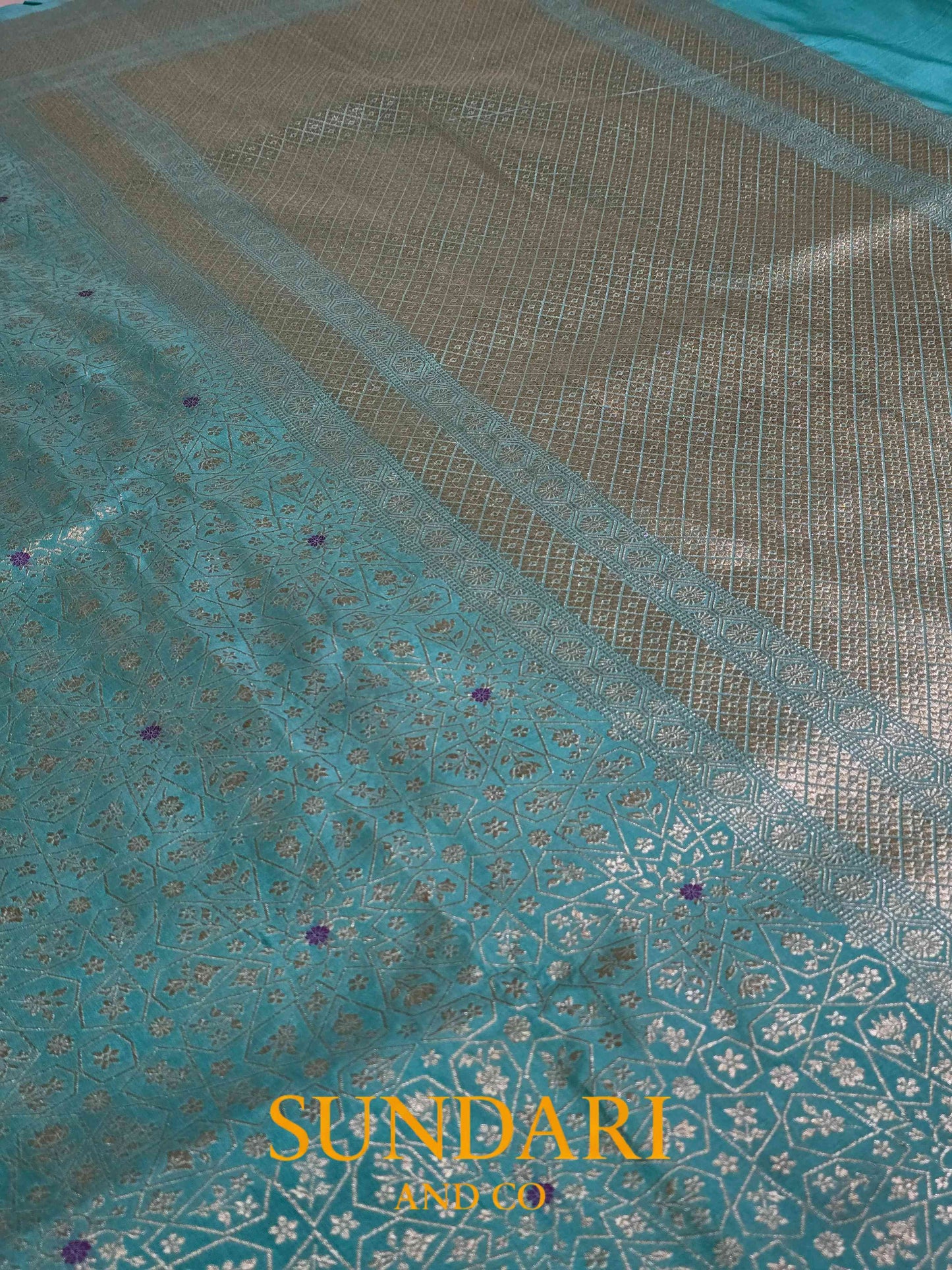 Dark Turquoise Blue | Brocade Geometrical Floral Motifs | Pure Katan Silk Saree