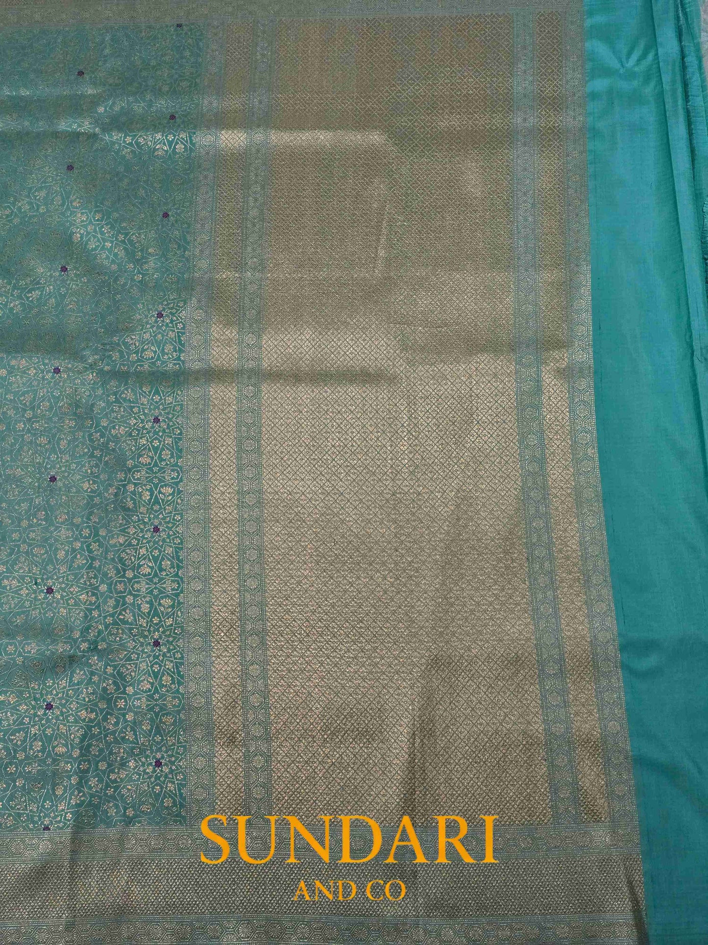 Dark Turquoise Blue | Brocade Geometrical Floral Motifs | Pure Katan Silk Saree