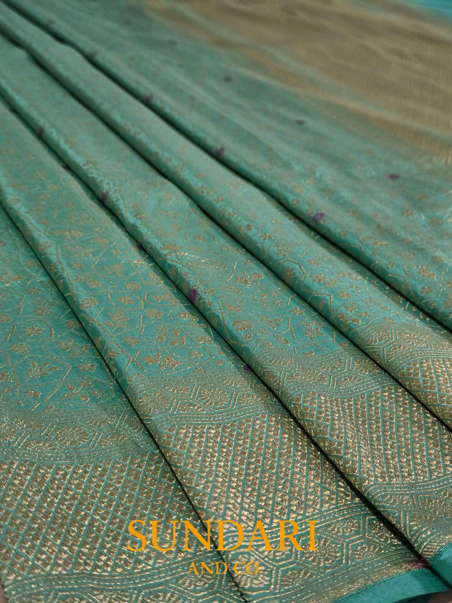Dark Turquoise Blue | Brocade Geometrical Floral Motifs | Pure Katan Silk Saree