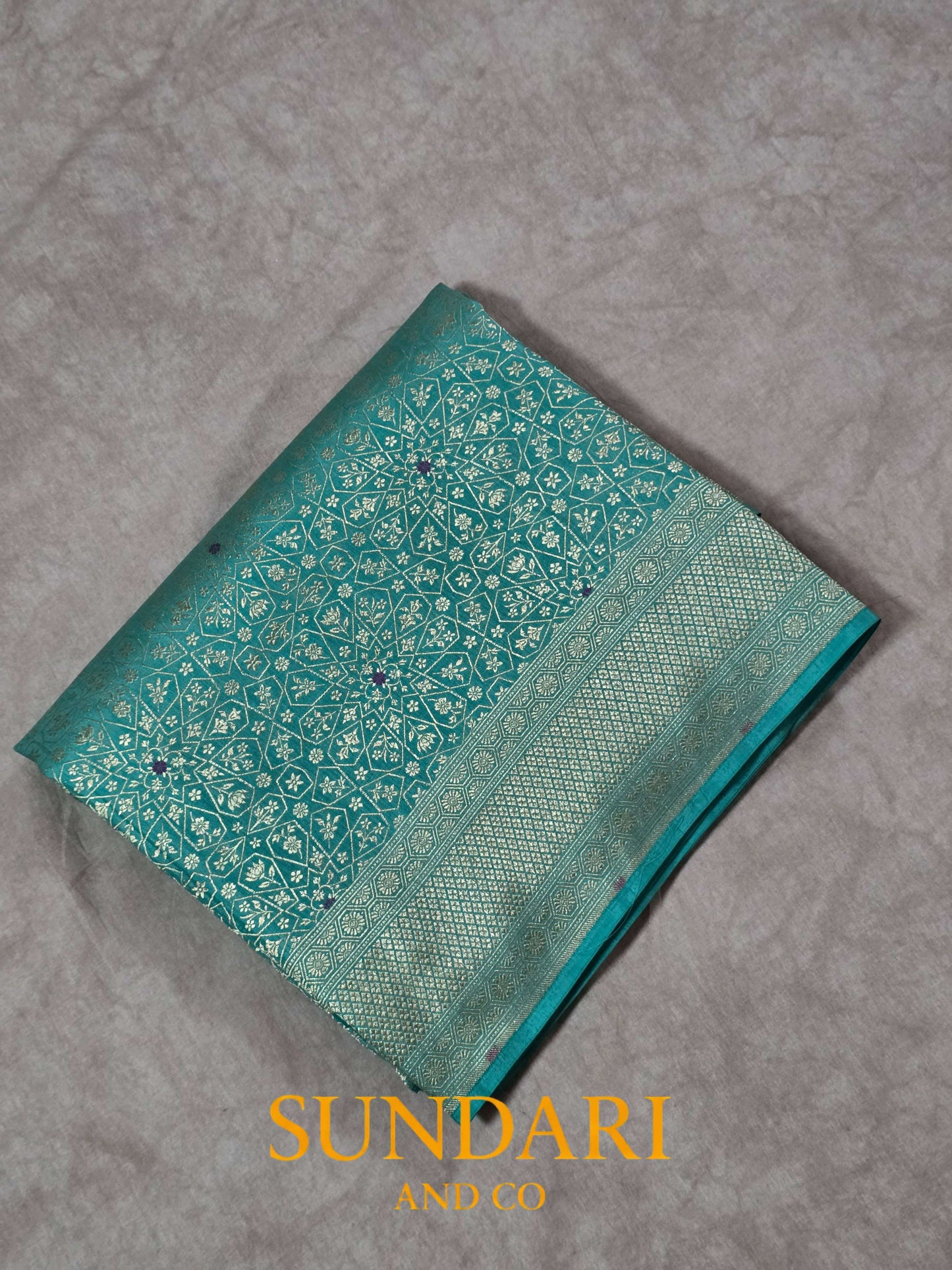 Dark Turquoise Blue | Brocade Geometrical Floral Motifs | Pure Katan Silk Saree