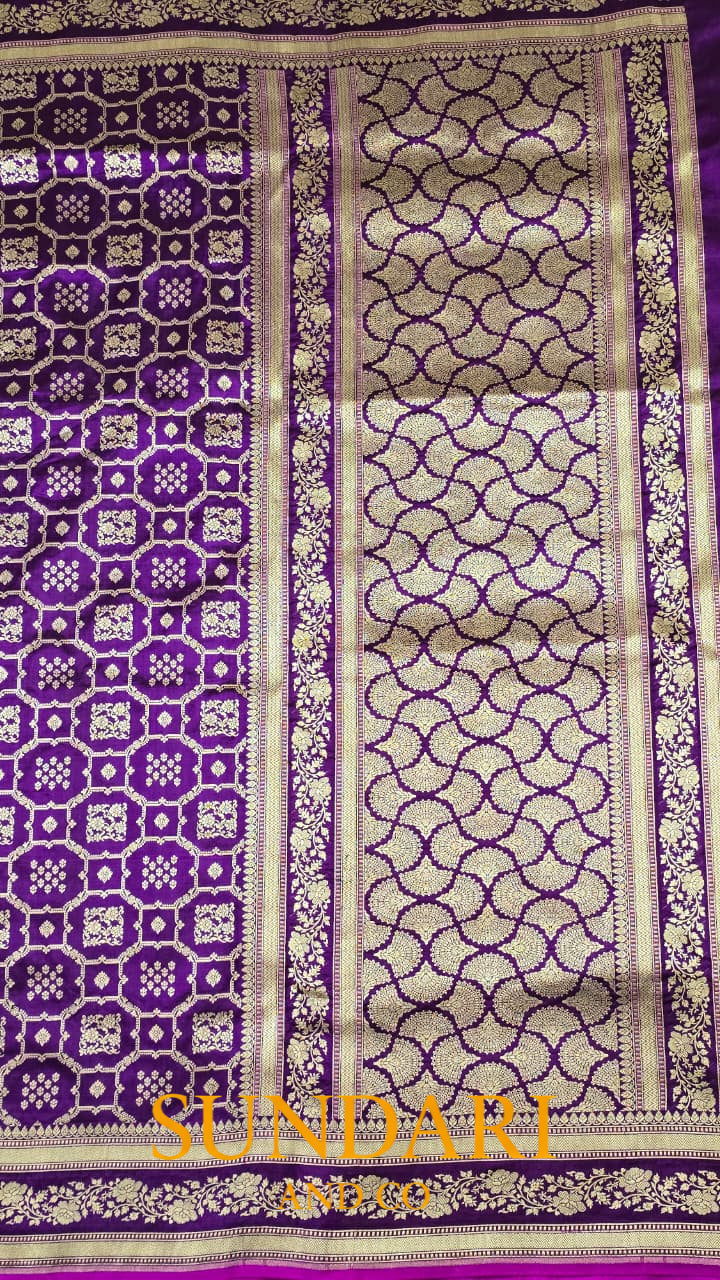 Eggplant Purple | Floral Geometric Jaal | Pure Katan Silk Saree