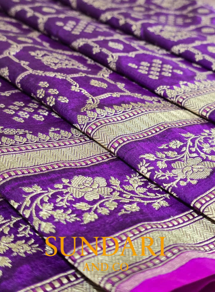 Eggplant Purple | Floral Geometric Jaal | Pure Katan Silk Saree