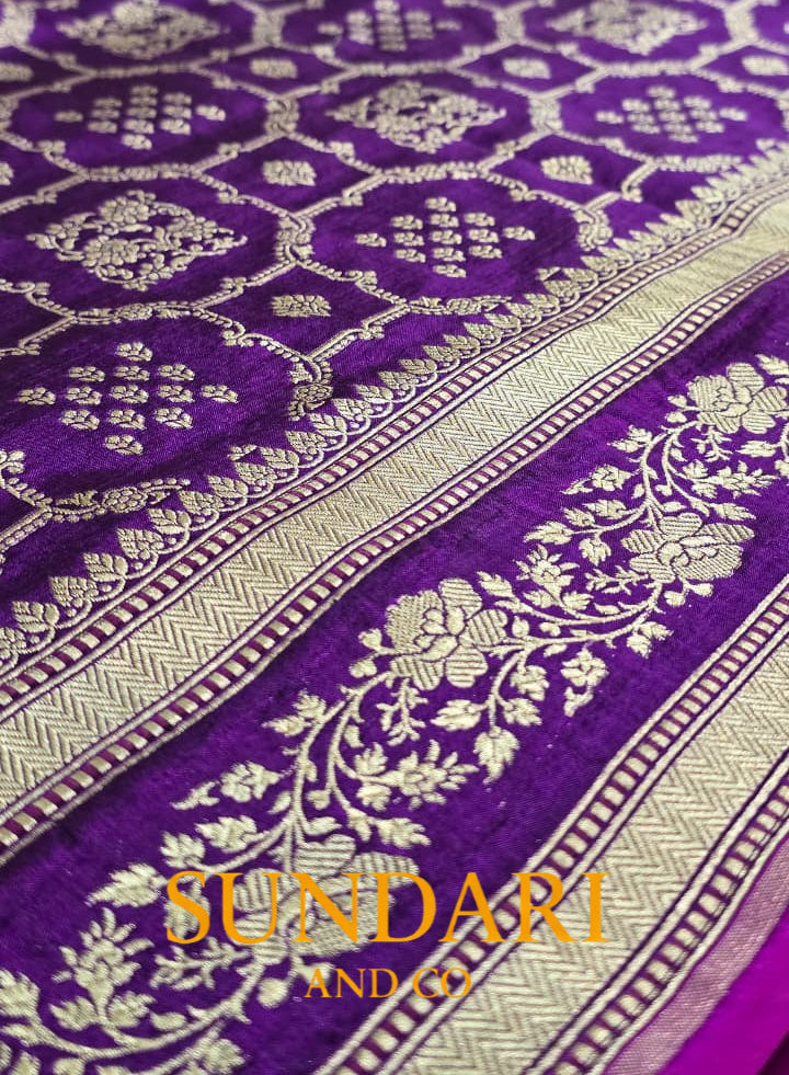 Eggplant Purple | Floral Geometric Jaal | Pure Katan Silk Saree