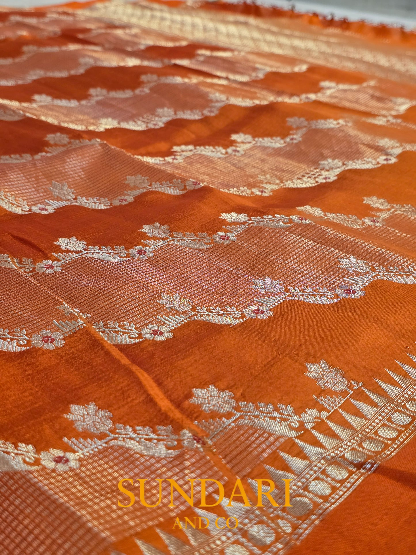 Fiery Orange | Lehariya Meenakari Jaal | Pure Soft Silk Saree