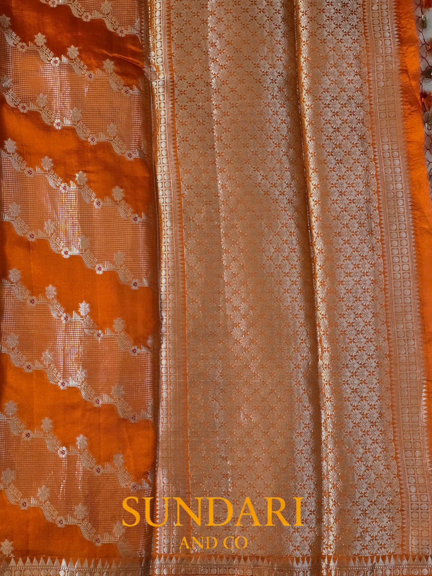 Fiery Orange | Lehariya Meenakari Jaal | Pure Soft Silk Saree