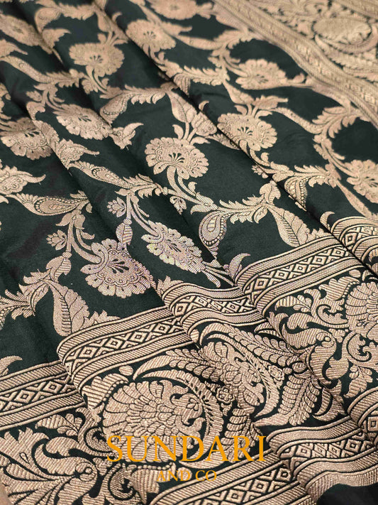 Forest Green | Floral Jaal | Pure Katan Silk Saree