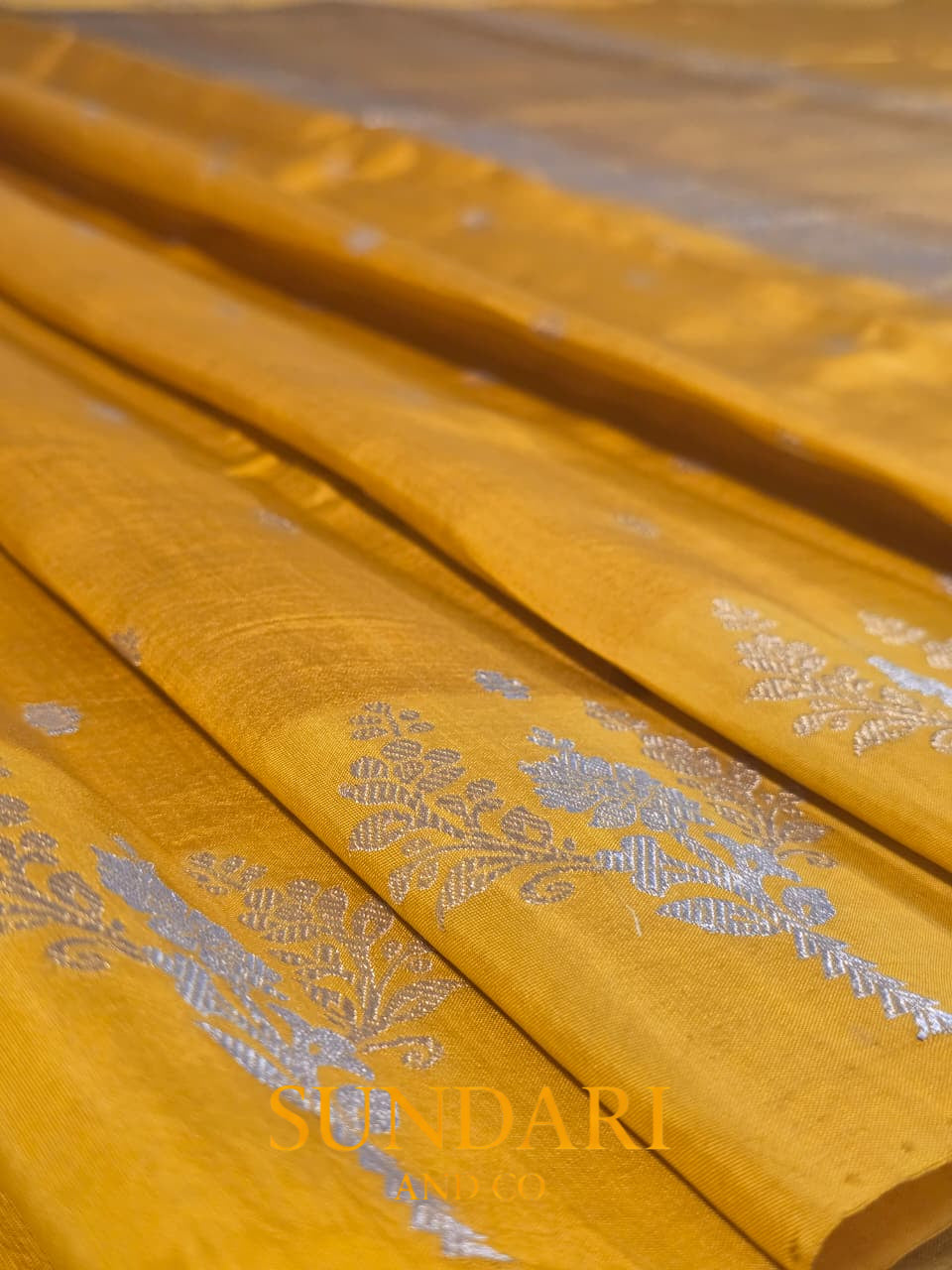 Golden Yellow | Sona-Roopa Floral Motifs in Kadua Weave | Pure Soft Silk Saree