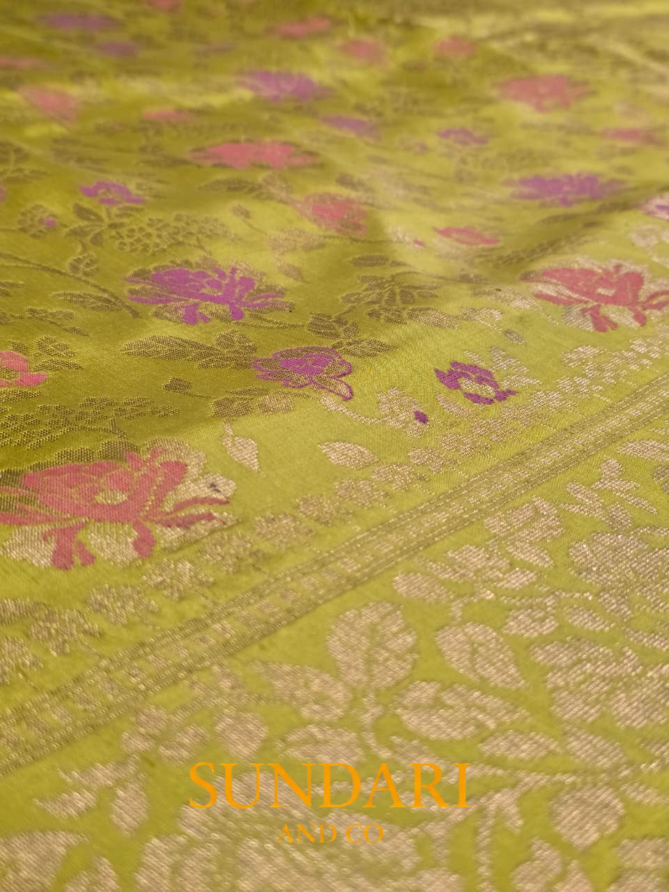 Pistachio Green | Meenakari  Floral Brocade Jaal | Pure Katan Silk Saree
