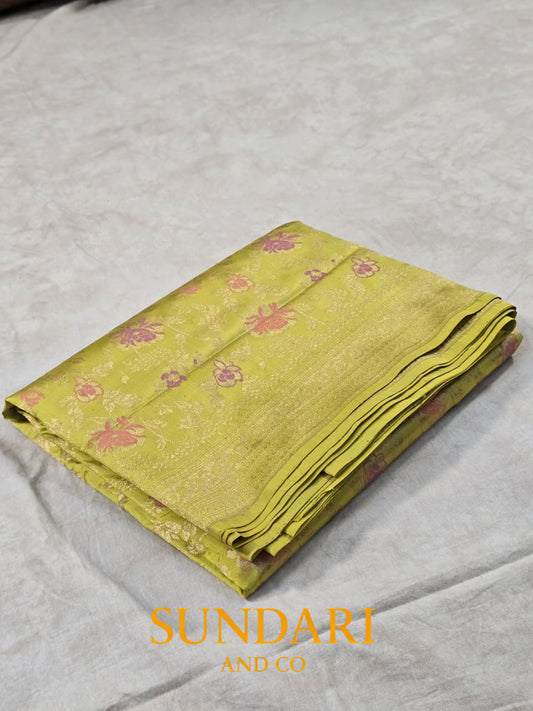 Pistachio Green | Meenakari  Floral Brocade Jaal | Pure Katan Silk Saree
