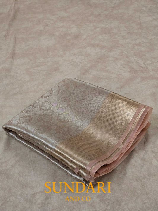 Peach | Heavy Brocade Floral Motifs | Pure Tissue Silk Saree