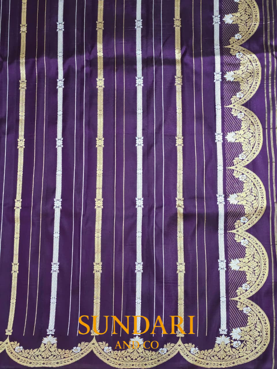 Plum | Kadua Stripes and Scallops | Pure Katan Silk Saree