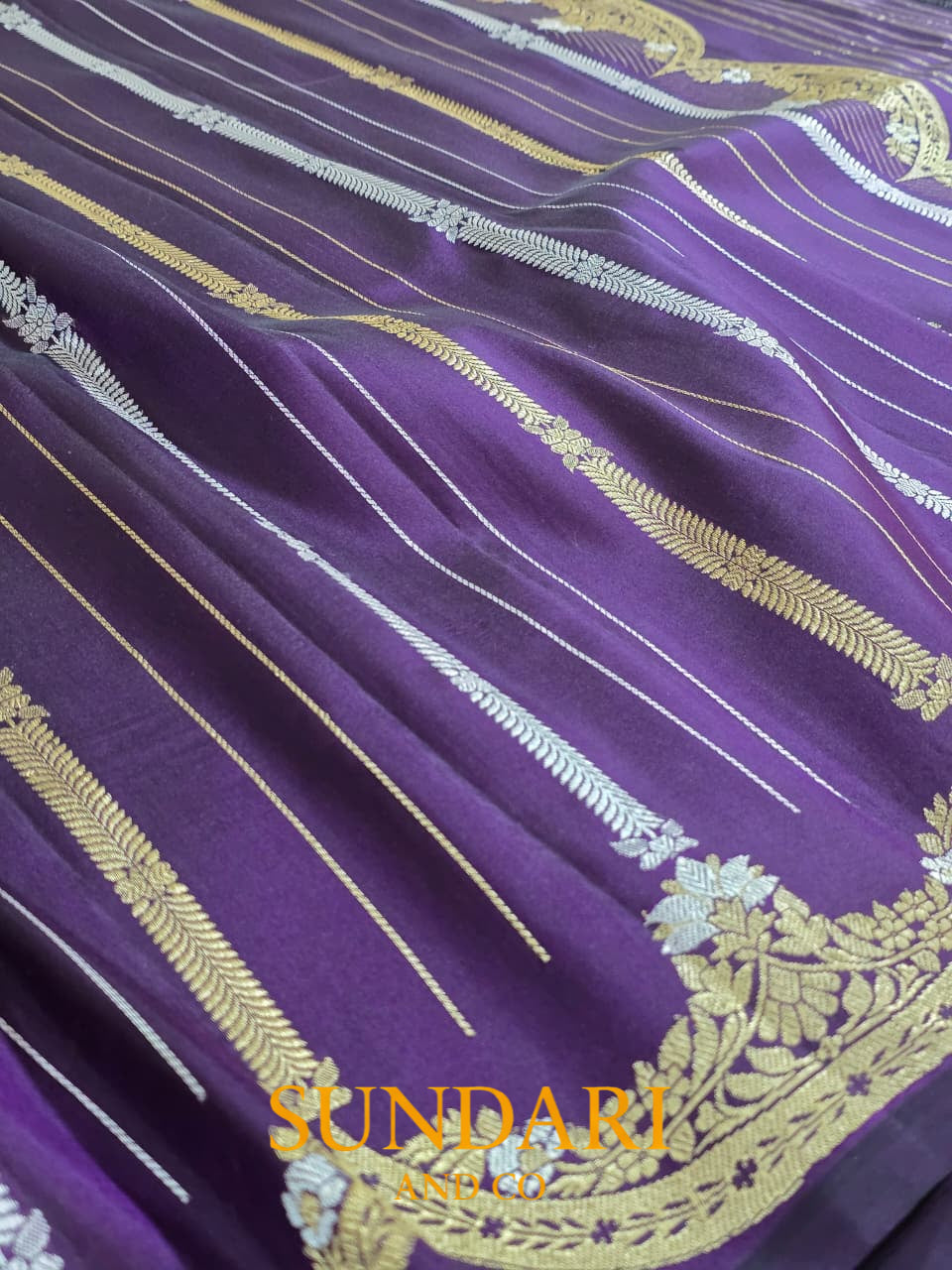 Plum | Kadua Stripes and Scallops | Pure Katan Silk Saree