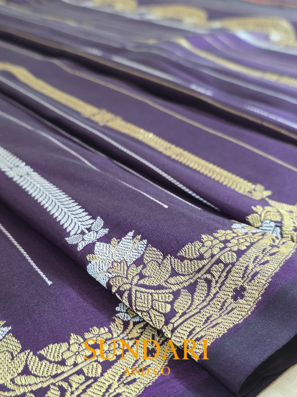 Plum | Kadua Stripes and Scallops | Pure Katan Silk Saree
