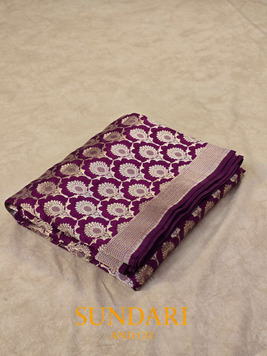Deep Wine | Floral Scalloped Framed Butta | Pure Katan Silk Saree