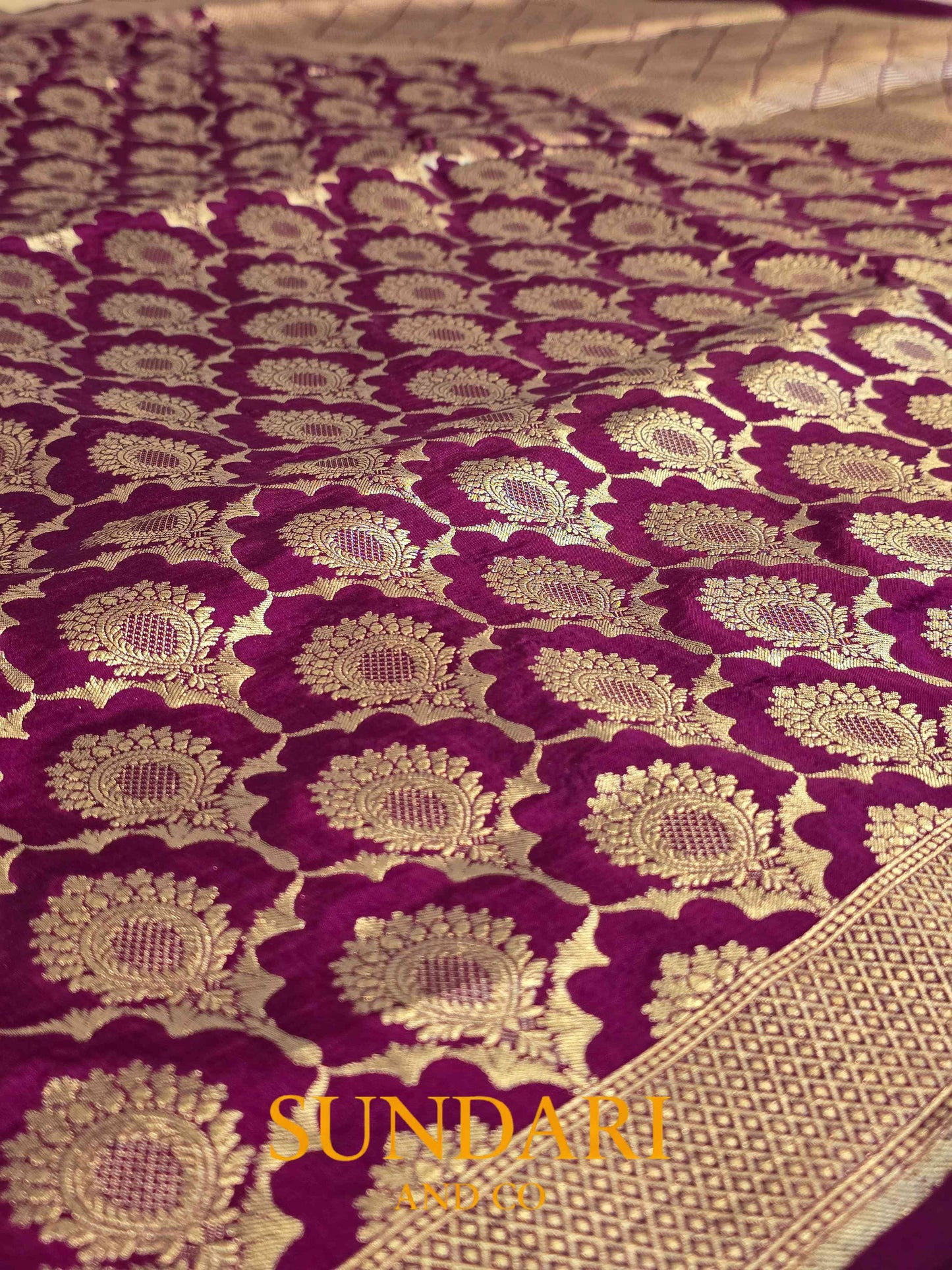 Deep Wine | Floral Scalloped Framed Butta | Pure Katan Silk Saree
