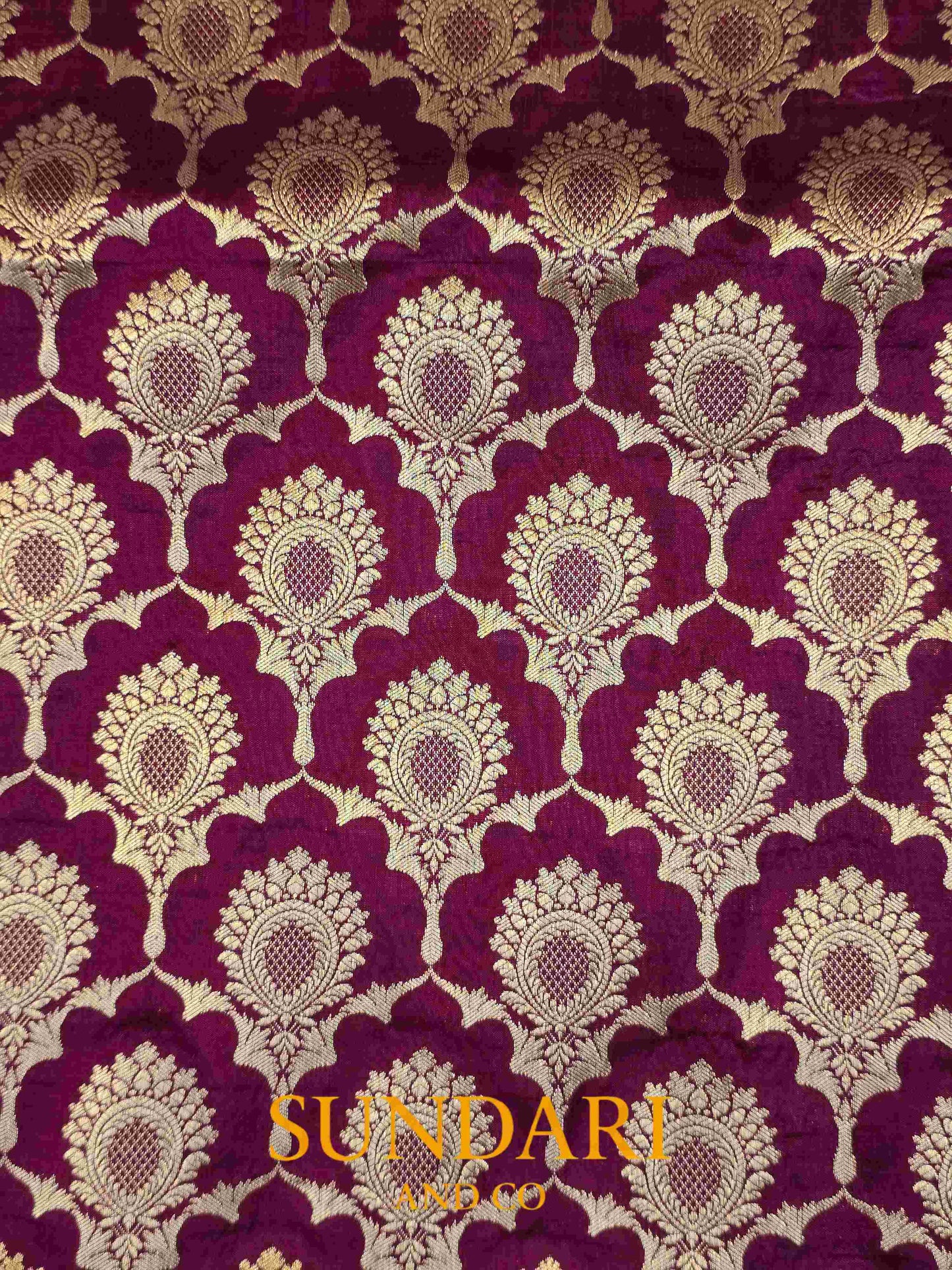 Deep Wine | Floral Scalloped Framed Butta | Pure Katan Silk Saree