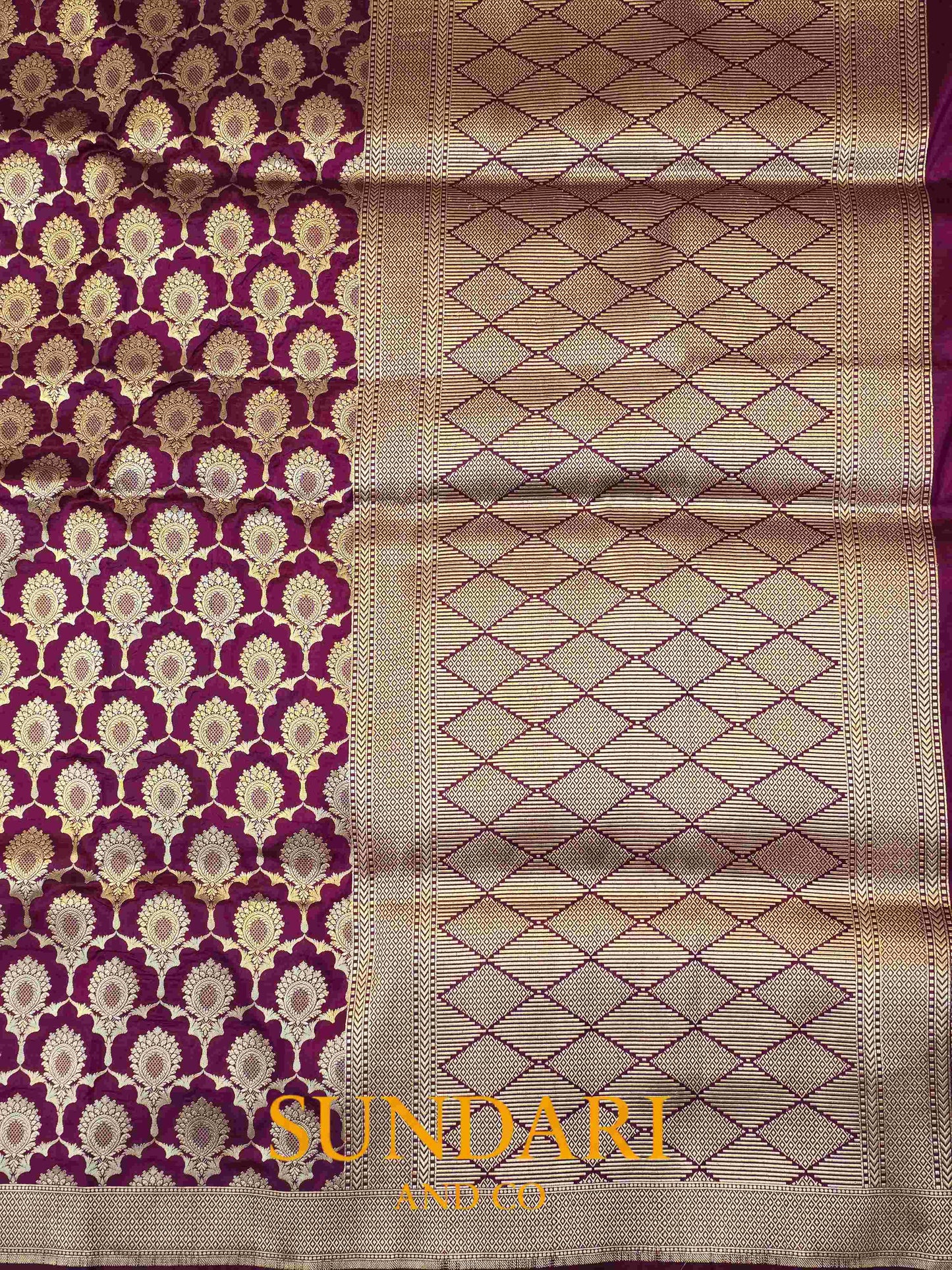 Deep Wine | Floral Scalloped Framed Butta | Pure Katan Silk Saree