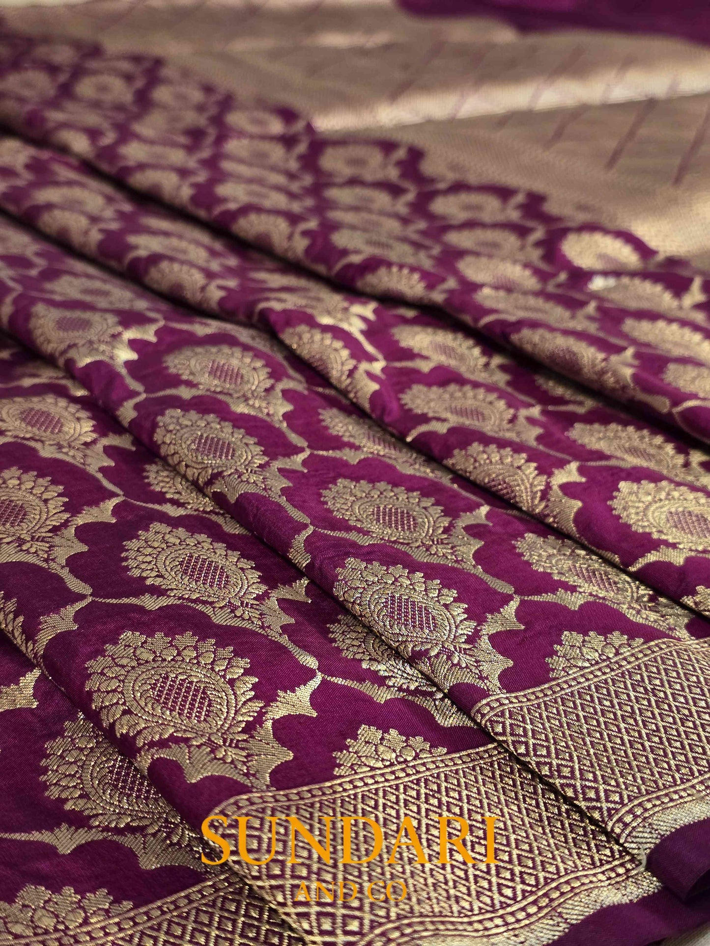 Deep Wine | Floral Scalloped Framed Butta | Pure Katan Silk Saree