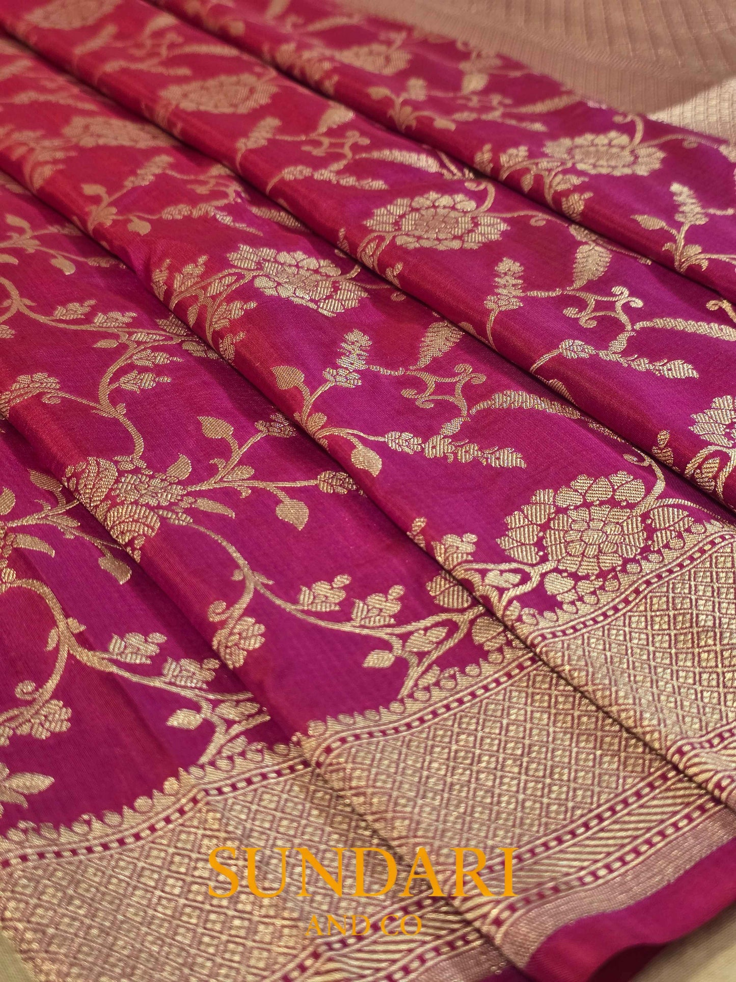 Rani Pink | Intricate Floral Jaal | Pure Katan Silk Saree