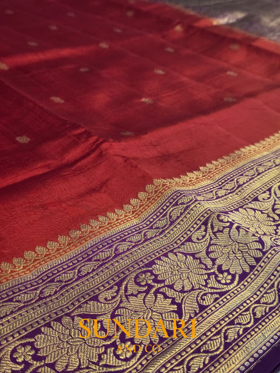 Red - Purple | Golden Floral Border with Buttas in Kadua Weave | Pure Soft Silk Saree