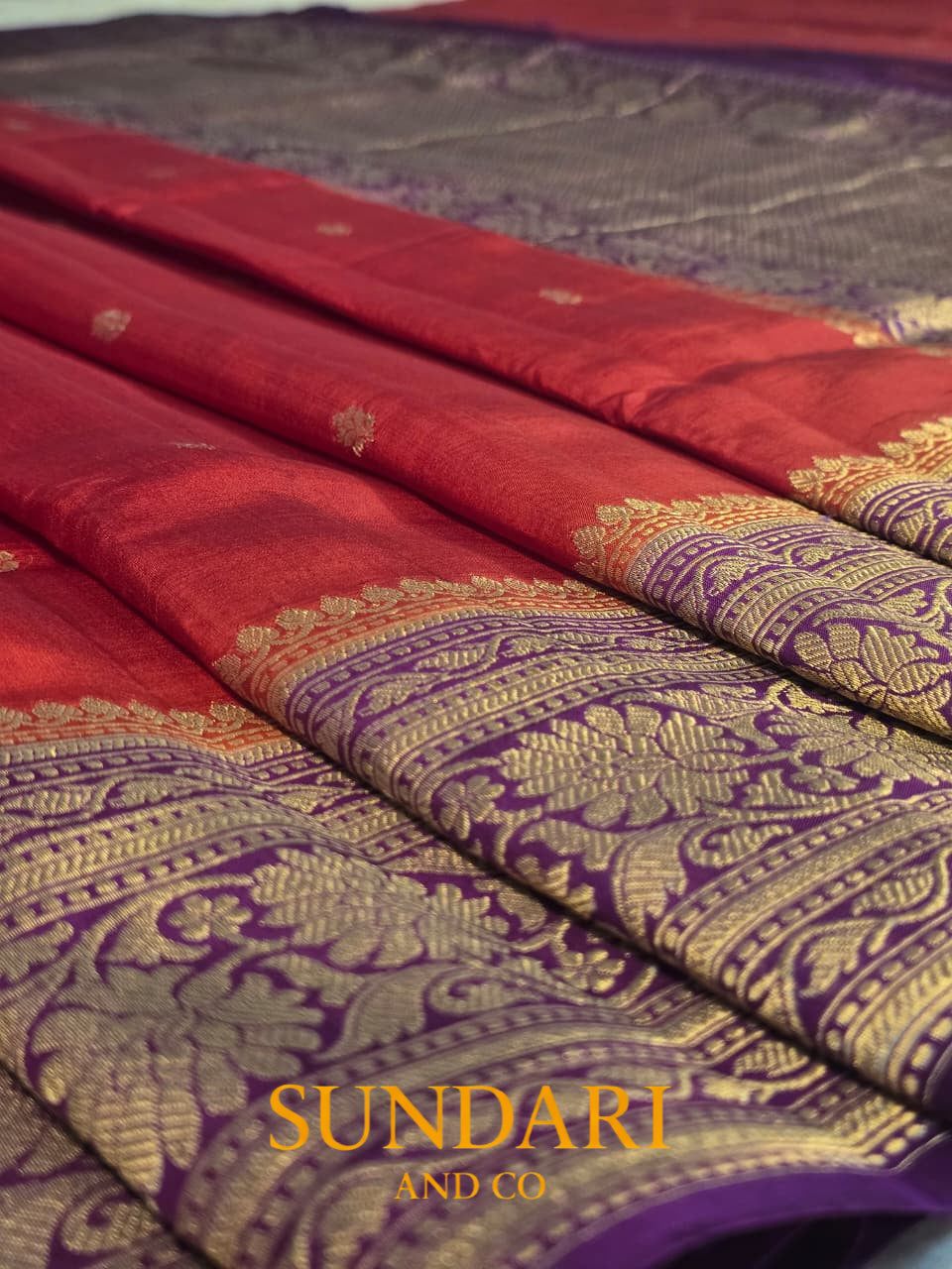 Red - Purple | Golden Floral Border with Buttas in Kadua Weave | Pure Soft Silk Saree