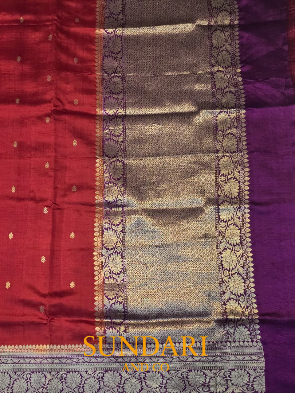 Red - Purple | Golden Floral Border with Buttas in Kadua Weave | Pure Soft Silk Saree