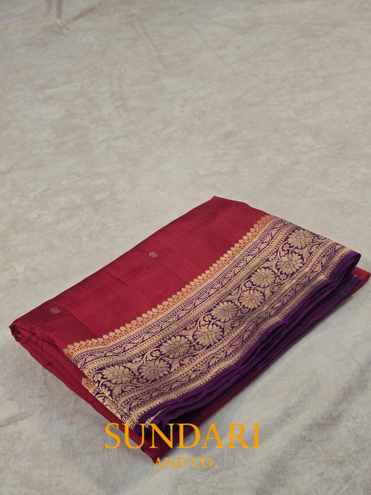 Red - Purple | Golden Floral Border with Buttas in Kadua Weave | Pure Soft Silk Saree