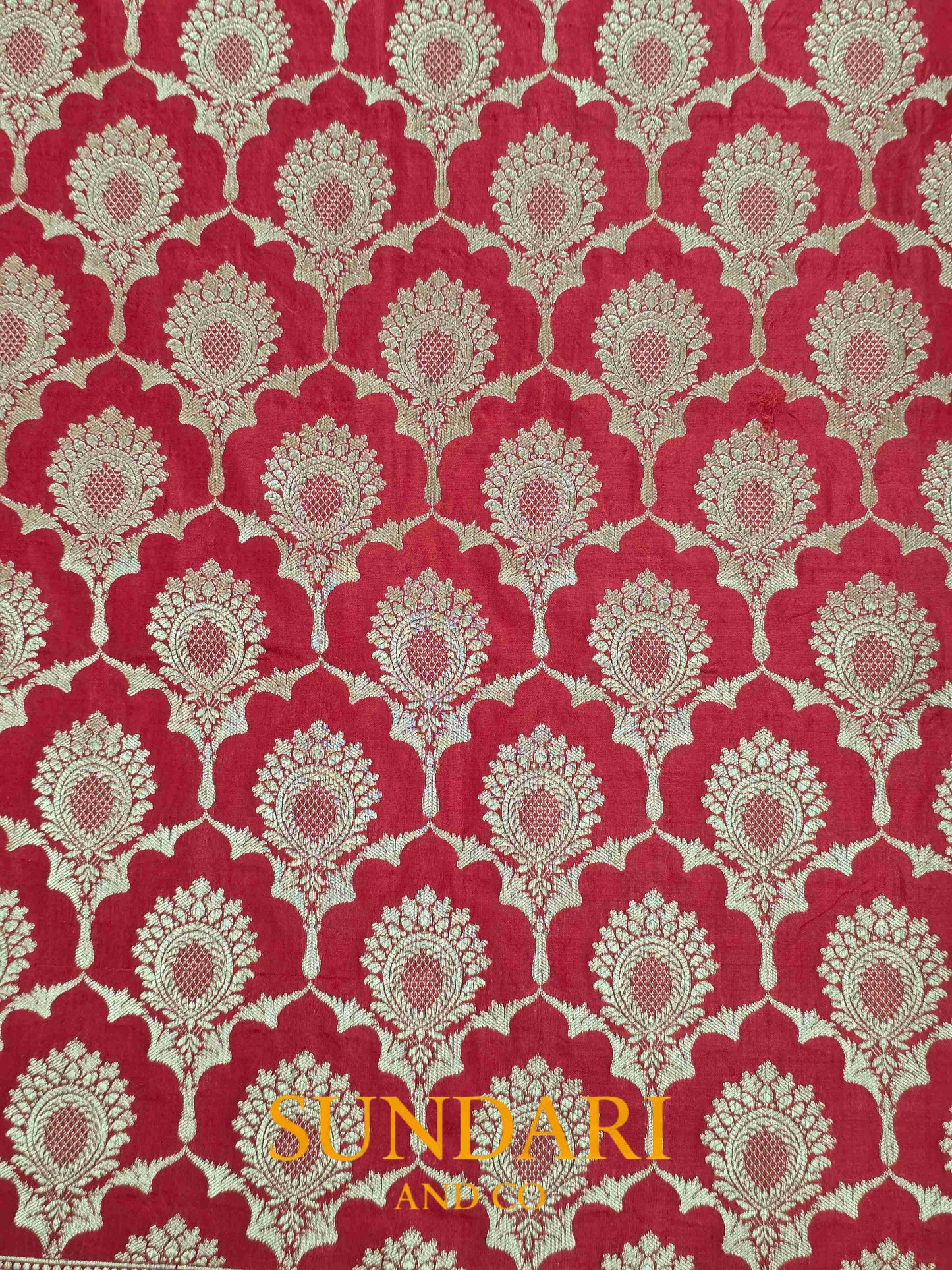 Rose Red | Floral Scalloped Framed Butta | Pure Katan Silk Saree