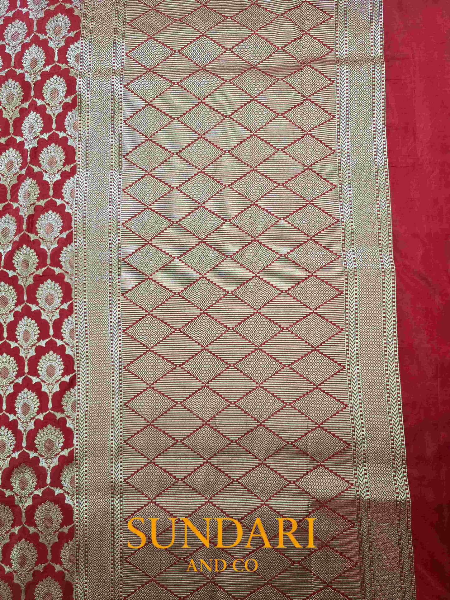 Rose Red | Floral Scalloped Framed Butta | Pure Katan Silk Saree